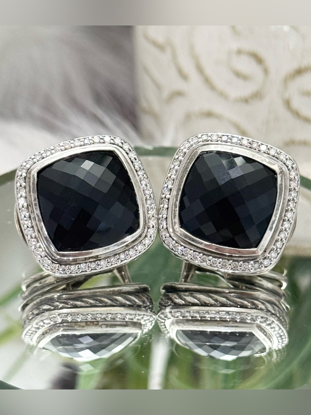 David Yurman Large Diamond 14mm Black Onyx Albion Earrings .925 Sterling Silver
